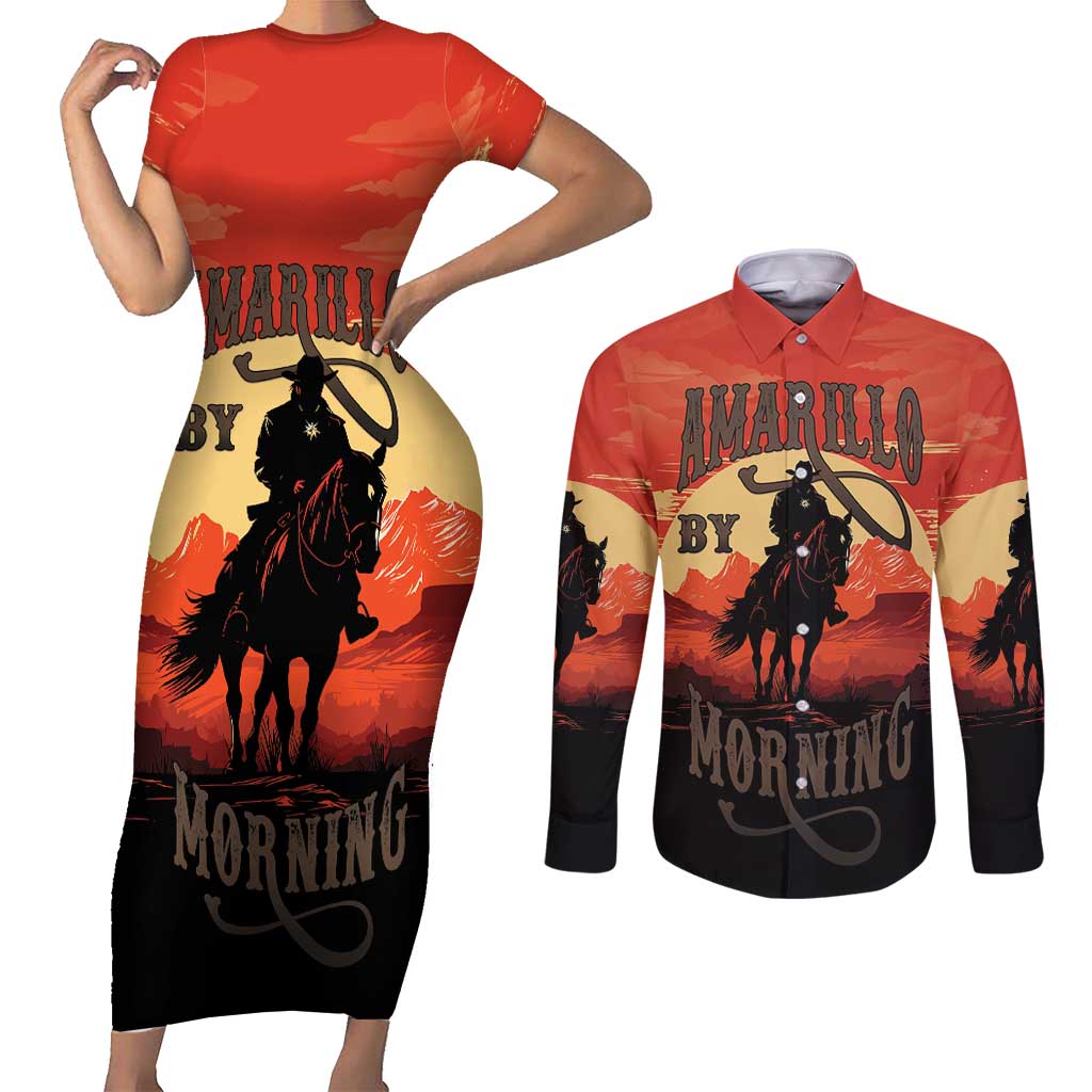 Rodeo Cowboy Couples Matching Short Sleeve Bodycon Dress and Long Sleeve Button Shirt Amarillo By Morning - Wonder Print Shop