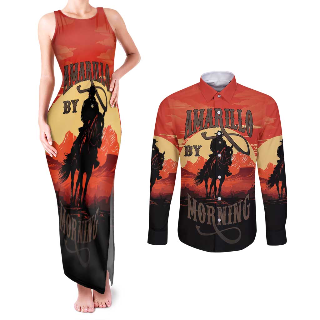Rodeo Cowboy Couples Matching Tank Maxi Dress and Long Sleeve Button Shirt Amarillo By Morning - Wonder Print Shop