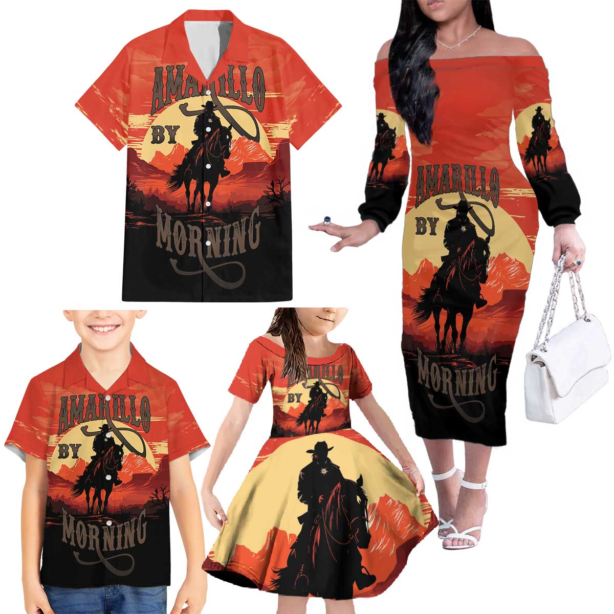 Rodeo Cowboy Family Matching Off The Shoulder Long Sleeve Dress and Hawaiian Shirt Amarillo By Morning - Wonder Print Shop
