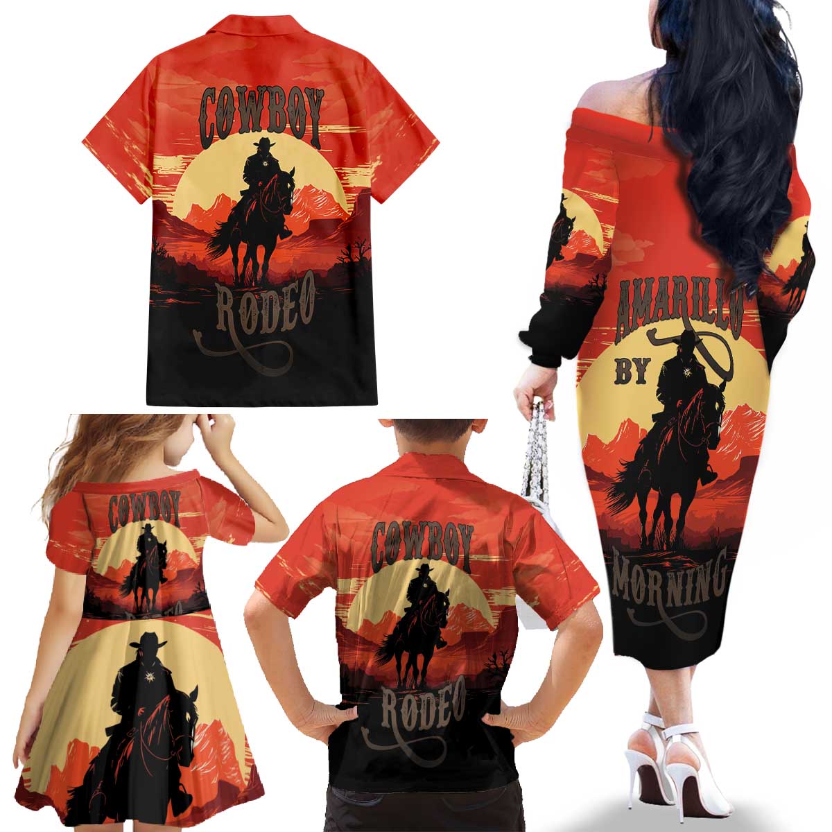 Rodeo Cowboy Family Matching Off The Shoulder Long Sleeve Dress and Hawaiian Shirt Amarillo By Morning - Wonder Print Shop