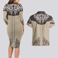 Vintage Western Cowboy Couples Matching Long Sleeve Bodycon Dress and Hawaiian Shirt Brown Version - Wonder Print Shop