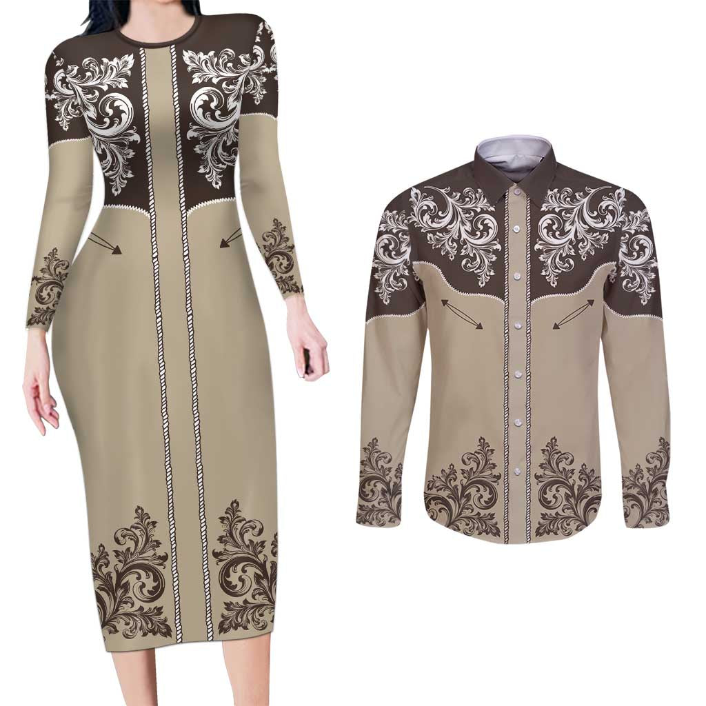 Vintage Western Cowboy Couples Matching Long Sleeve Bodycon Dress and Long Sleeve Button Shirt Brown Version - Wonder Print Shop