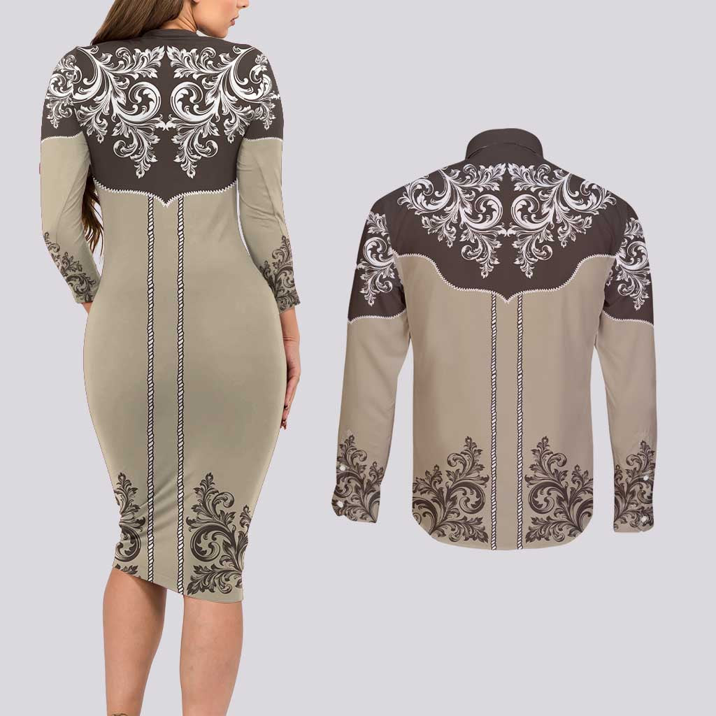 Vintage Western Cowboy Couples Matching Long Sleeve Bodycon Dress and Long Sleeve Button Shirt Brown Version - Wonder Print Shop