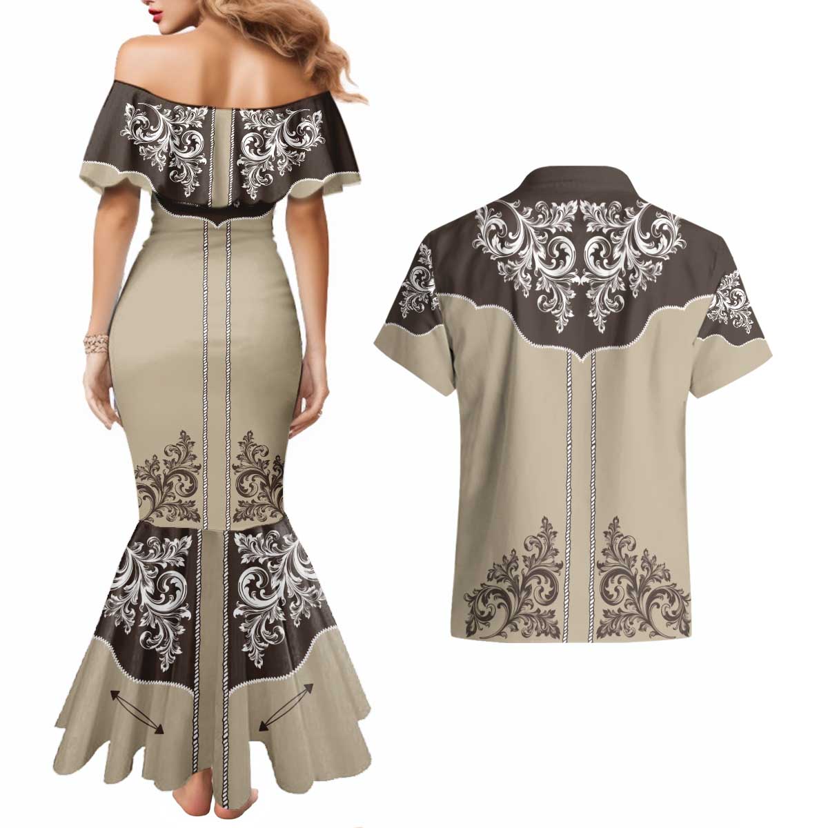 Vintage Western Cowboy Couples Matching Mermaid Dress and Hawaiian Shirt Brown Version - Wonder Print Shop