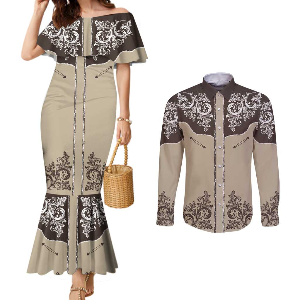 Vintage Western Cowboy Couples Matching Mermaid Dress and Long Sleeve Button Shirt Brown Version - Wonder Print Shop