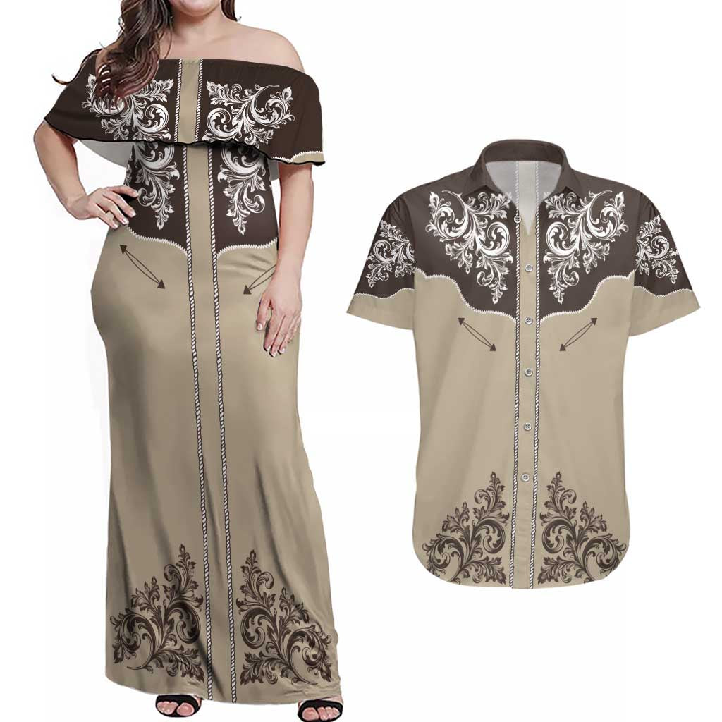 Vintage Western Cowboy Couples Matching Off Shoulder Maxi Dress and Hawaiian Shirt Brown Version - Wonder Print Shop