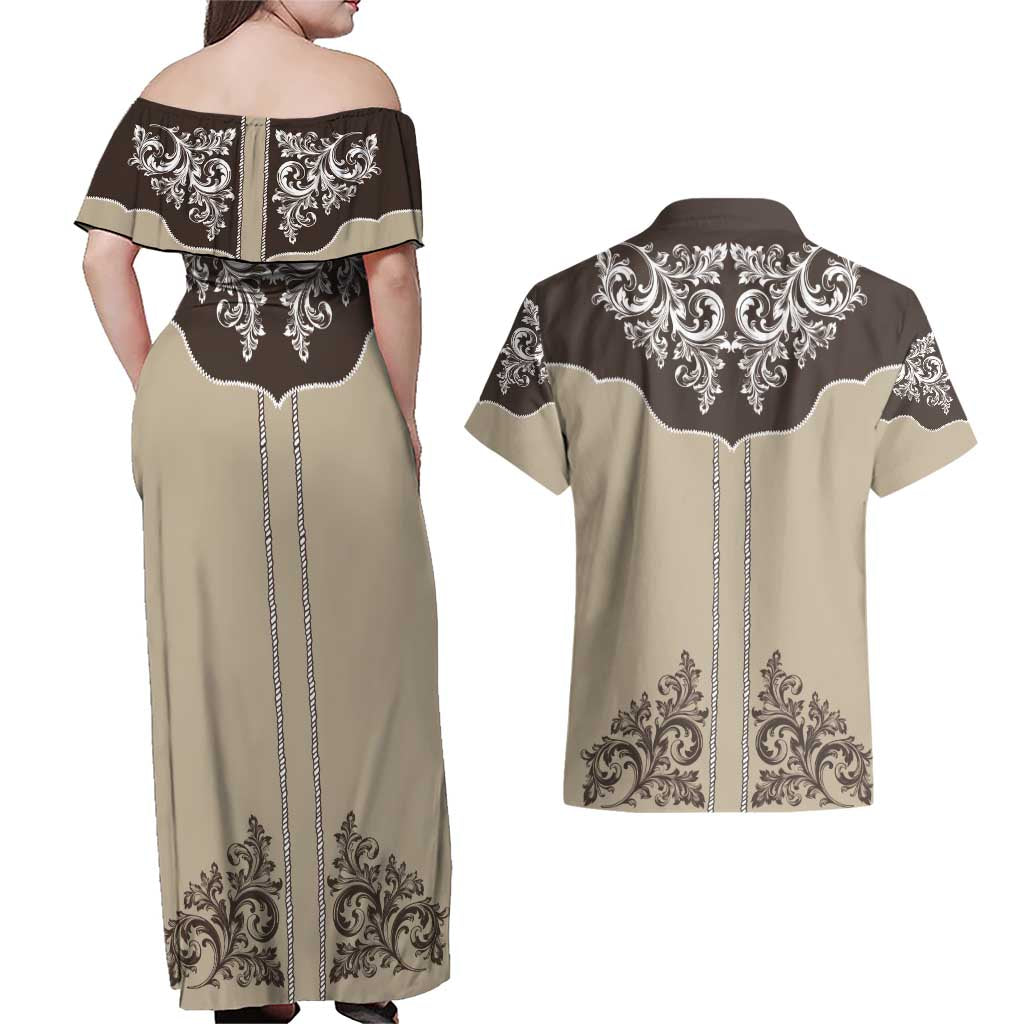 Vintage Western Cowboy Couples Matching Off Shoulder Maxi Dress and Hawaiian Shirt Brown Version - Wonder Print Shop