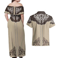 Vintage Western Cowboy Couples Matching Off Shoulder Maxi Dress and Hawaiian Shirt Brown Version - Wonder Print Shop