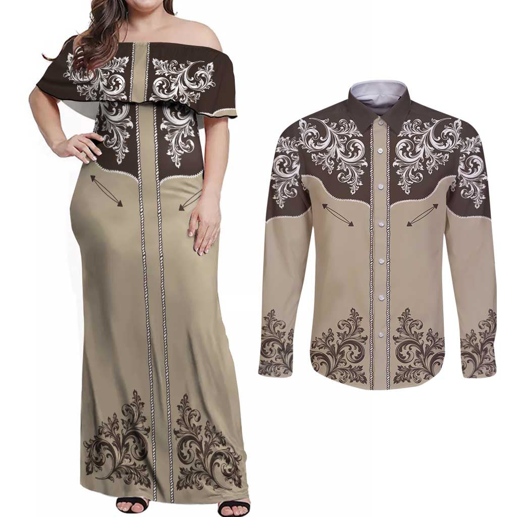 Vintage Western Cowboy Couples Matching Off Shoulder Maxi Dress and Long Sleeve Button Shirt Brown Version - Wonder Print Shop