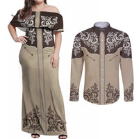 Vintage Western Cowboy Couples Matching Off Shoulder Maxi Dress and Long Sleeve Button Shirt Brown Version - Wonder Print Shop