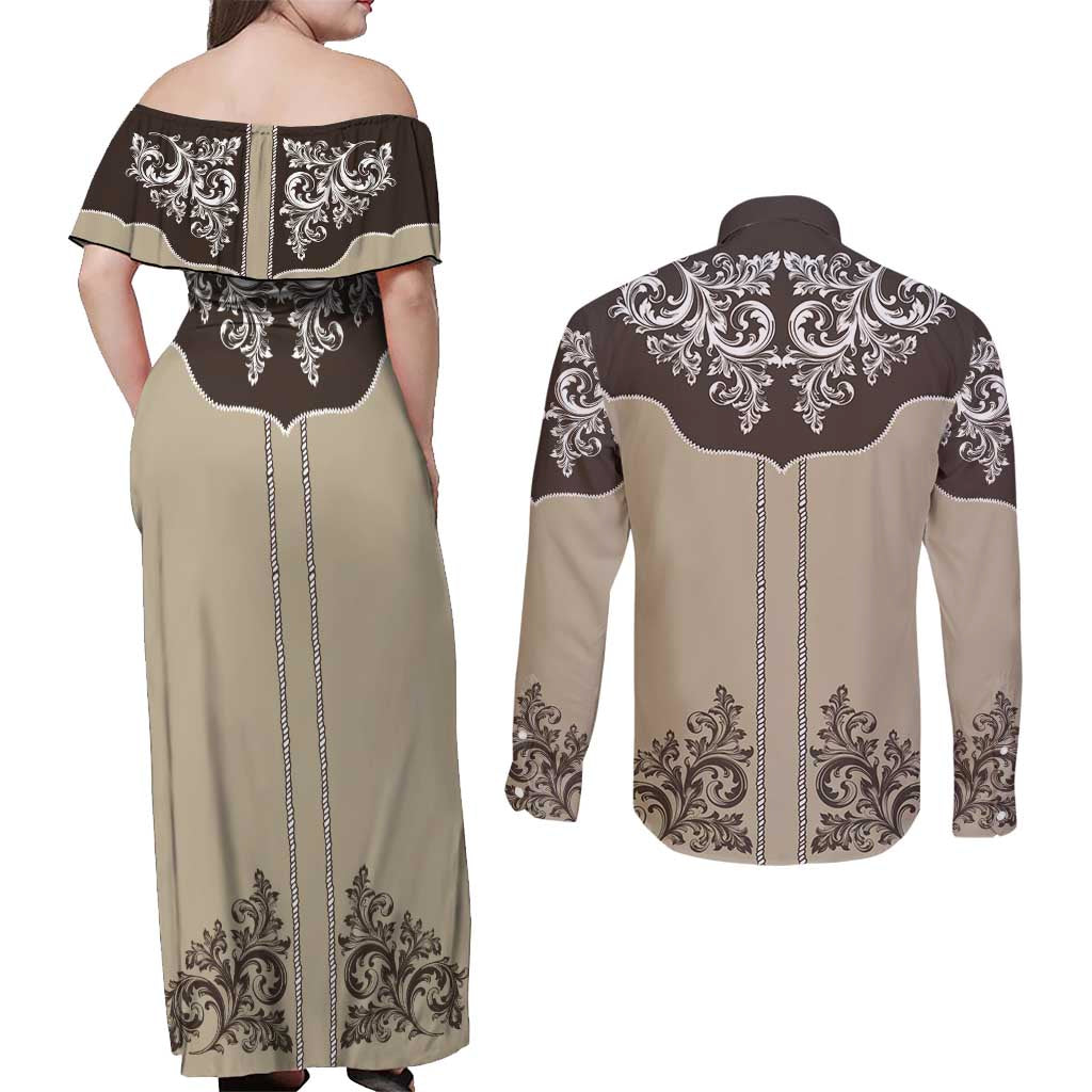Vintage Western Cowboy Couples Matching Off Shoulder Maxi Dress and Long Sleeve Button Shirt Brown Version - Wonder Print Shop