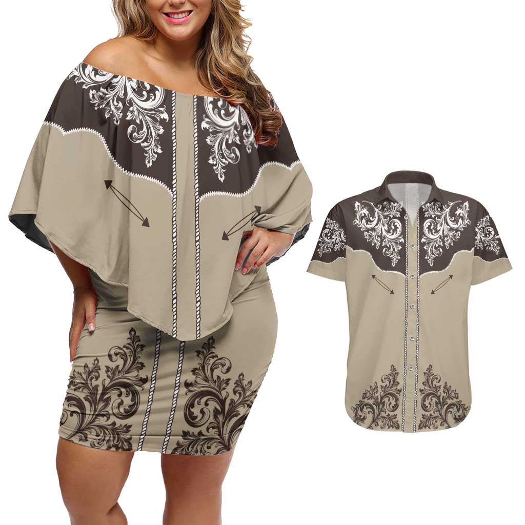 Vintage Western Cowboy Couples Matching Off Shoulder Short Dress and Hawaiian Shirt Brown Version - Wonder Print Shop