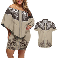 Vintage Western Cowboy Couples Matching Off Shoulder Short Dress and Hawaiian Shirt Brown Version - Wonder Print Shop