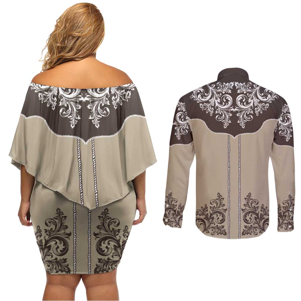 Vintage Western Cowboy Couples Matching Off Shoulder Short Dress and Long Sleeve Button Shirt Brown Version - Wonder Print Shop