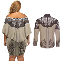 Vintage Western Cowboy Couples Matching Off Shoulder Short Dress and Long Sleeve Button Shirt Brown Version - Wonder Print Shop