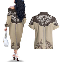 Vintage Western Cowboy Couples Matching Off The Shoulder Long Sleeve Dress and Hawaiian Shirt Brown Version - Wonder Print Shop