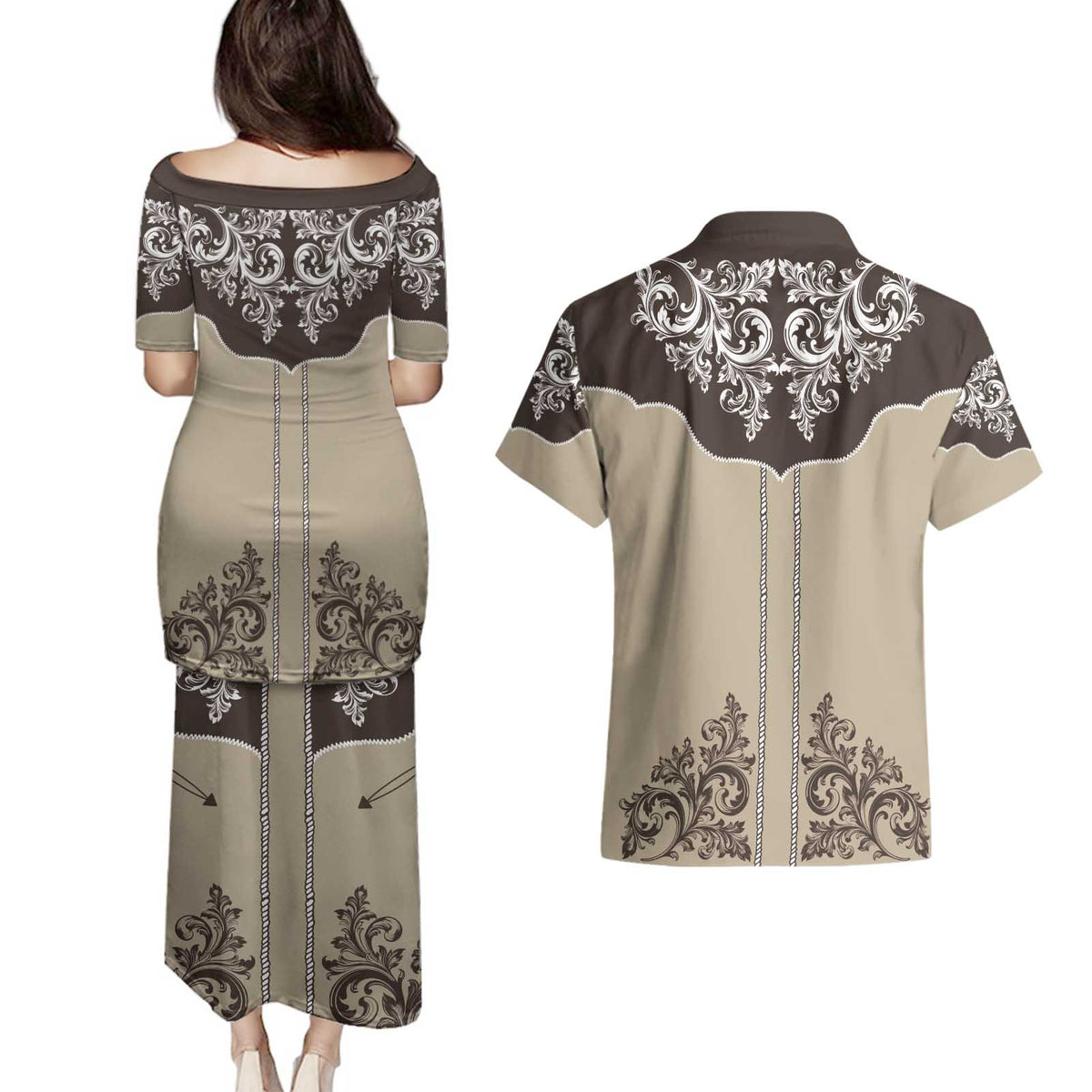 Vintage Western Cowboy Couples Matching Puletasi and Hawaiian Shirt Brown Version - Wonder Print Shop