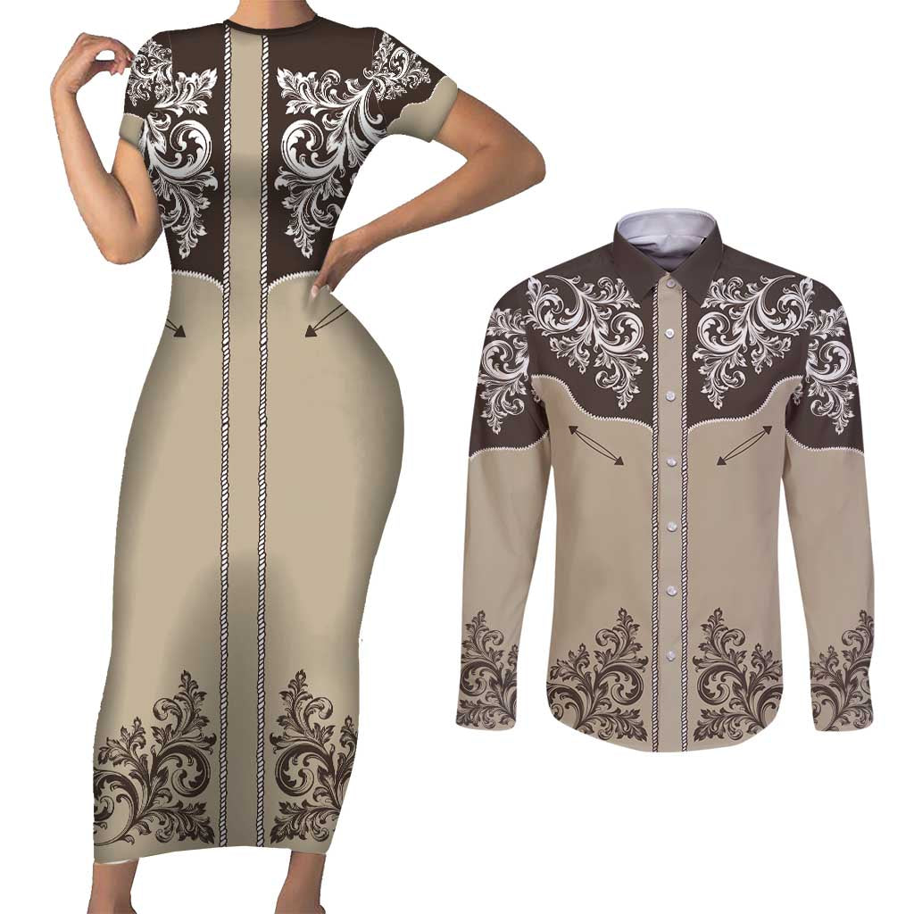 Vintage Western Cowboy Couples Matching Short Sleeve Bodycon Dress and Long Sleeve Button Shirt Brown Version - Wonder Print Shop