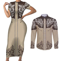 Vintage Western Cowboy Couples Matching Short Sleeve Bodycon Dress and Long Sleeve Button Shirt Brown Version - Wonder Print Shop