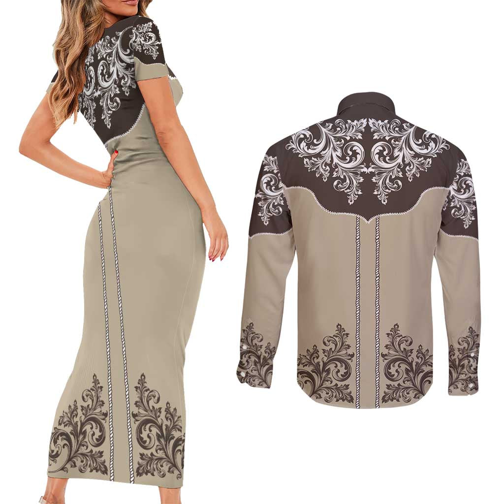 Vintage Western Cowboy Couples Matching Short Sleeve Bodycon Dress and Long Sleeve Button Shirt Brown Version - Wonder Print Shop