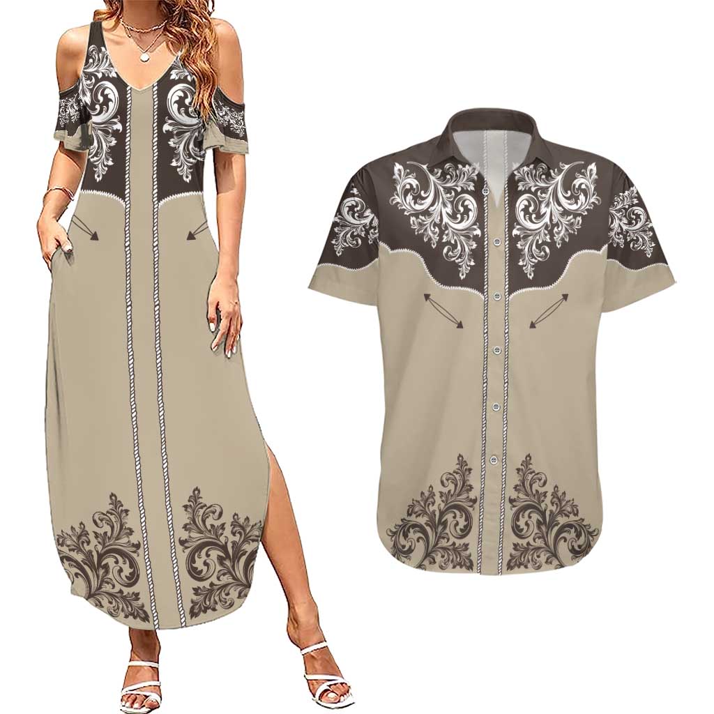 Vintage Western Cowboy Couples Matching Summer Maxi Dress and Hawaiian Shirt Brown Version - Wonder Print Shop