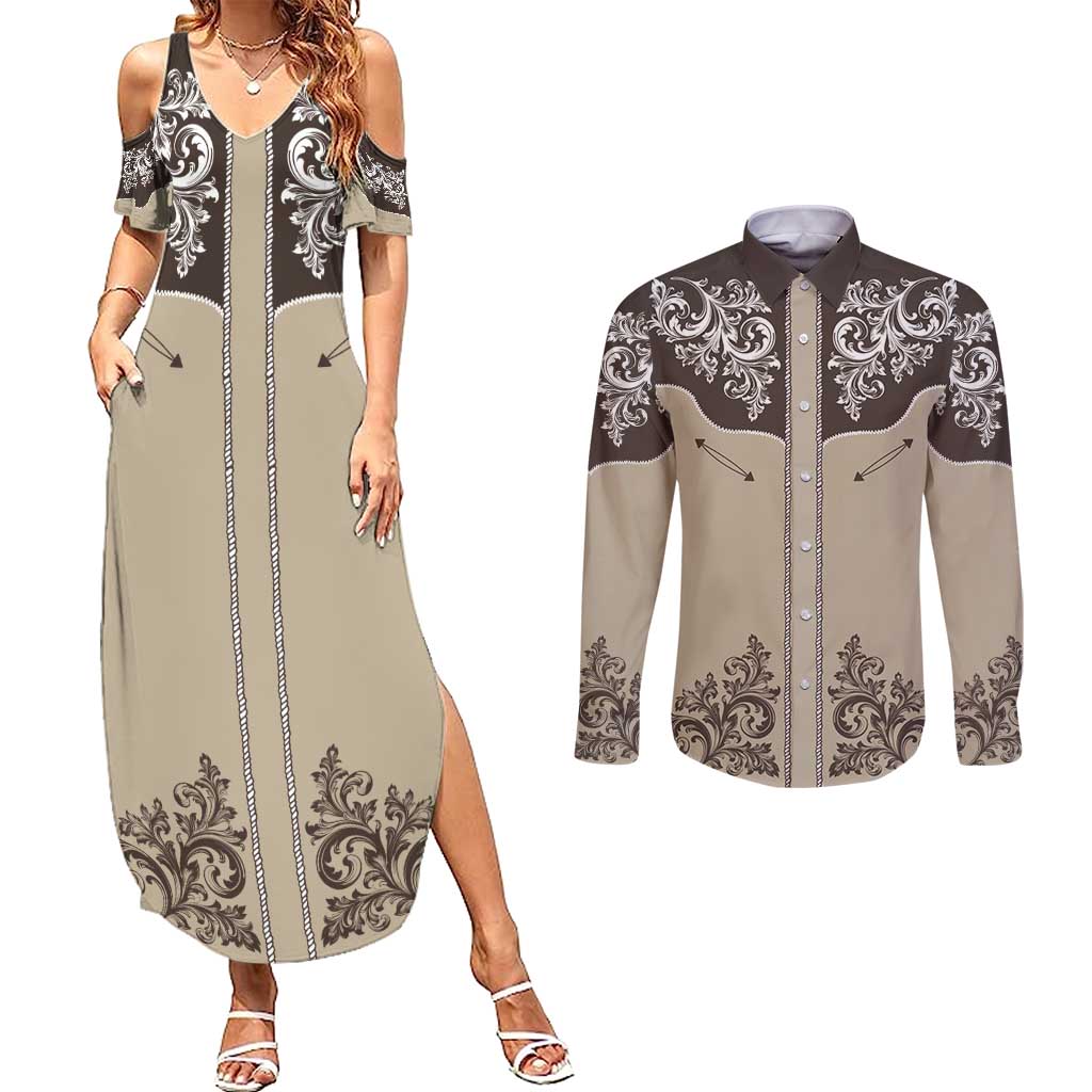 Vintage Western Cowboy Couples Matching Summer Maxi Dress and Long Sleeve Button Shirt Brown Version - Wonder Print Shop
