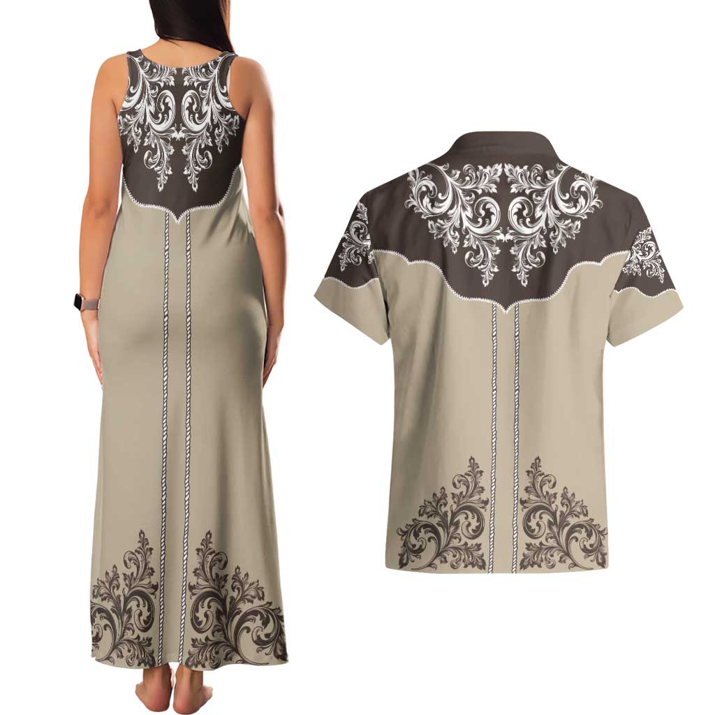 Vintage Western Cowboy Couples Matching Tank Maxi Dress and Hawaiian Shirt Brown Version - Wonder Print Shop