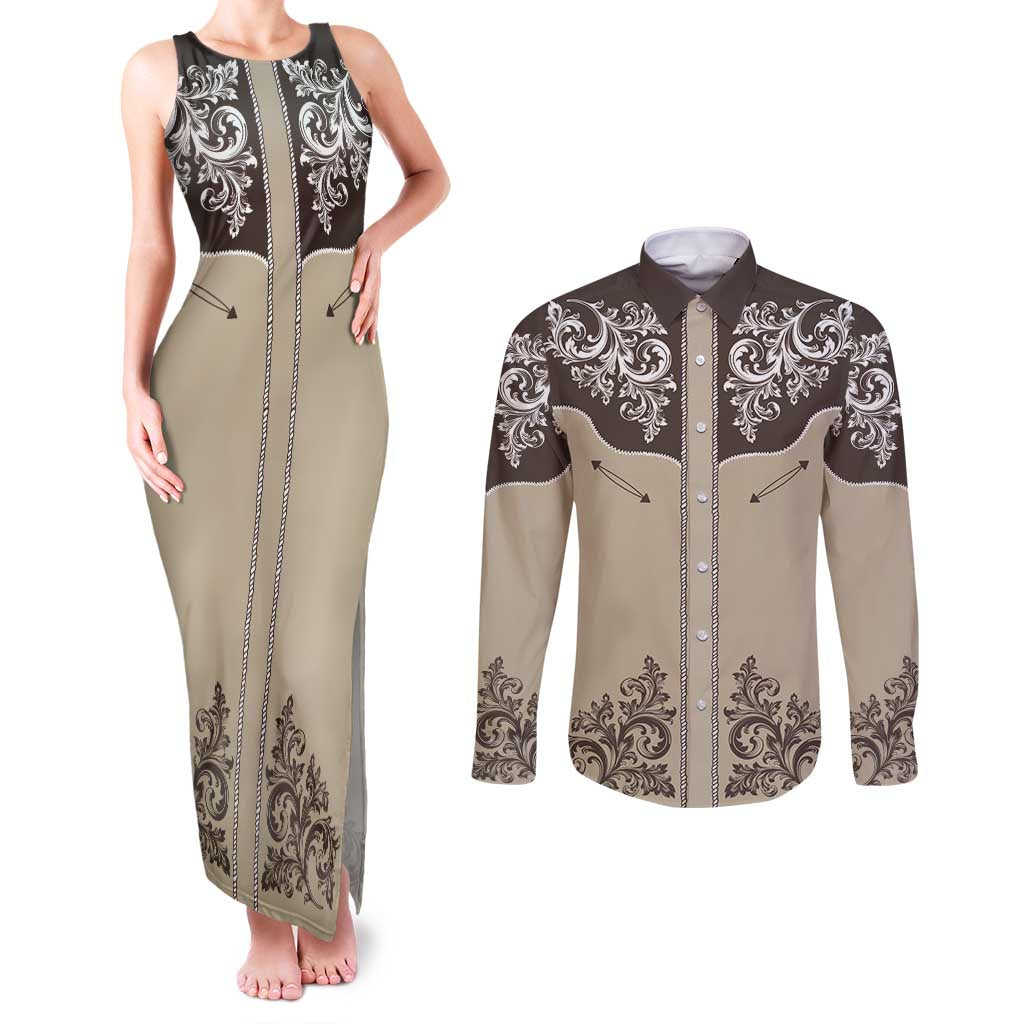 Vintage Western Cowboy Couples Matching Tank Maxi Dress and Long Sleeve Button Shirt Brown Version - Wonder Print Shop