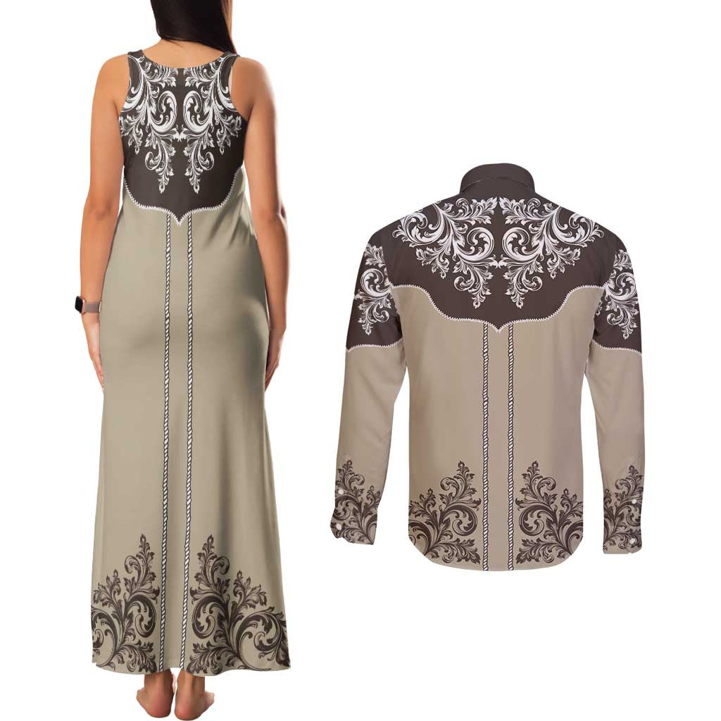 Vintage Western Cowboy Couples Matching Tank Maxi Dress and Long Sleeve Button Shirt Brown Version - Wonder Print Shop