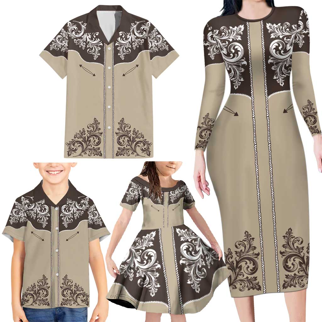 Vintage Western Cowboy Family Matching Long Sleeve Bodycon Dress and Hawaiian Shirt Brown Version - Wonder Print Shop