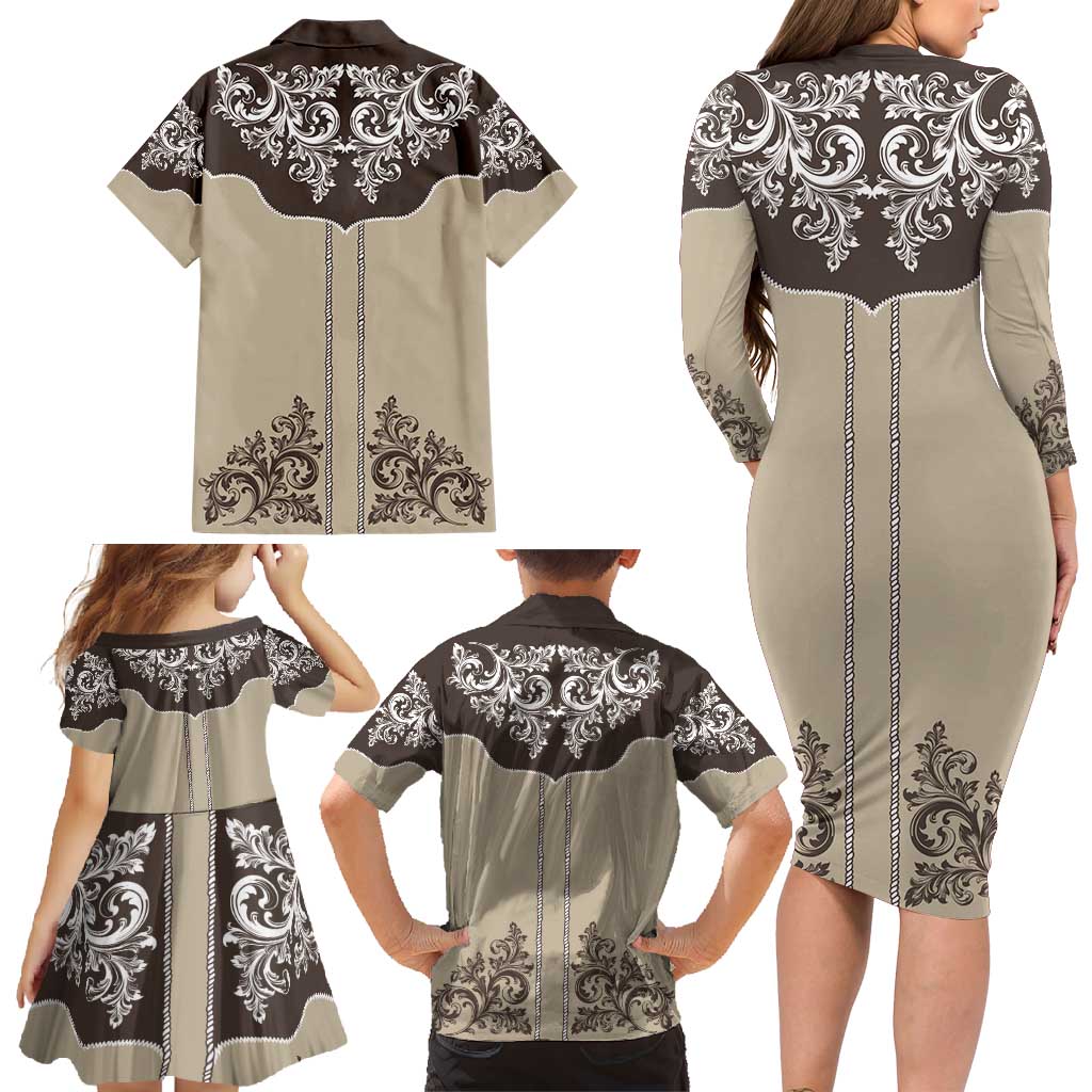 Vintage Western Cowboy Family Matching Long Sleeve Bodycon Dress and Hawaiian Shirt Brown Version - Wonder Print Shop