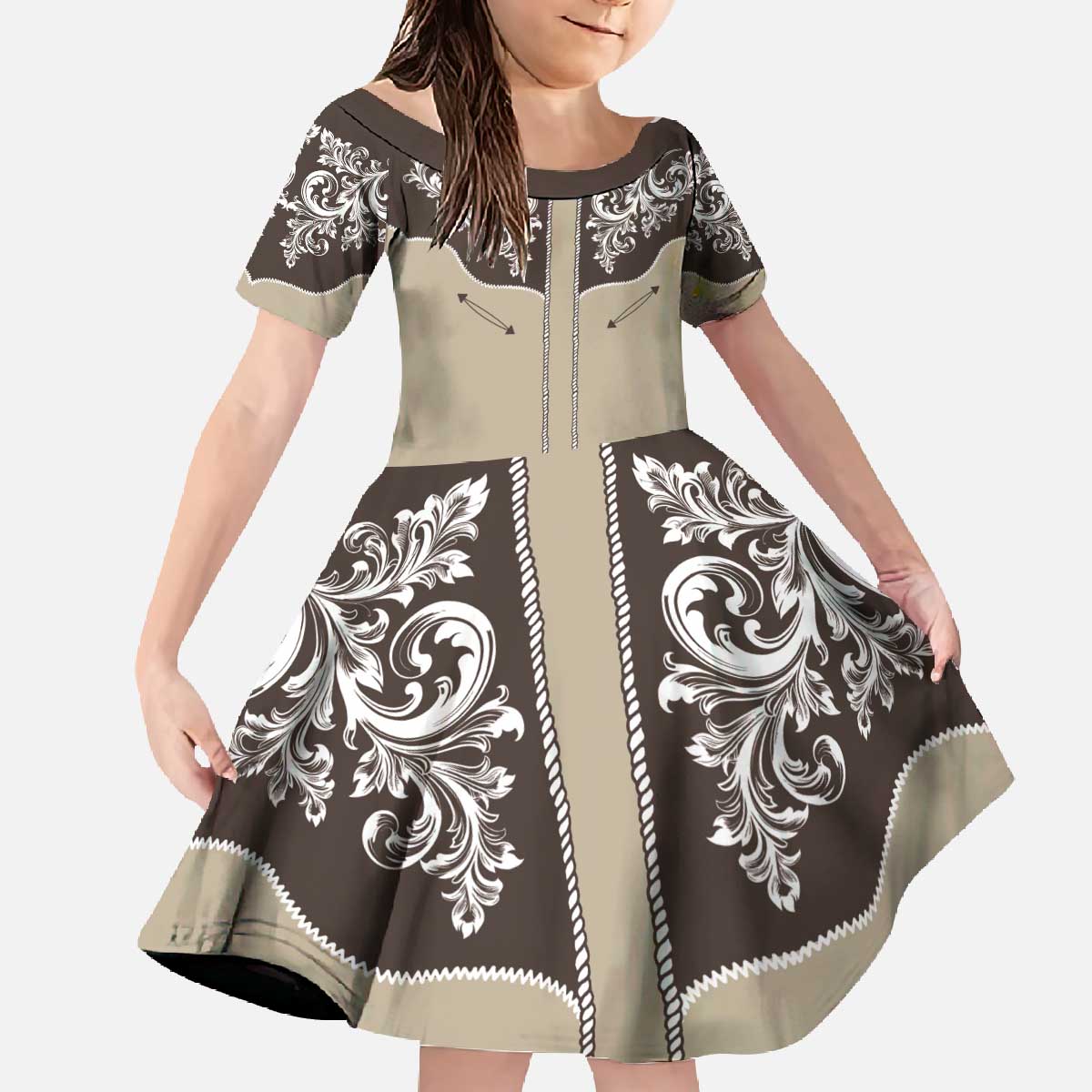 Vintage Western Cowboy Family Matching Off The Shoulder Long Sleeve Dress and Hawaiian Shirt Brown Version - Wonder Print Shop