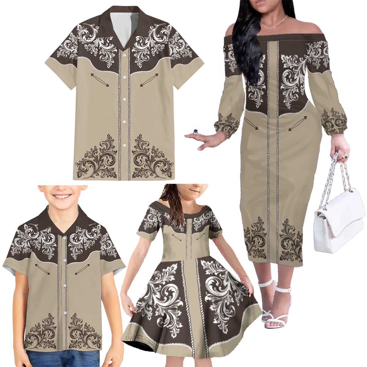 Vintage Western Cowboy Family Matching Off The Shoulder Long Sleeve Dress and Hawaiian Shirt Brown Version - Wonder Print Shop