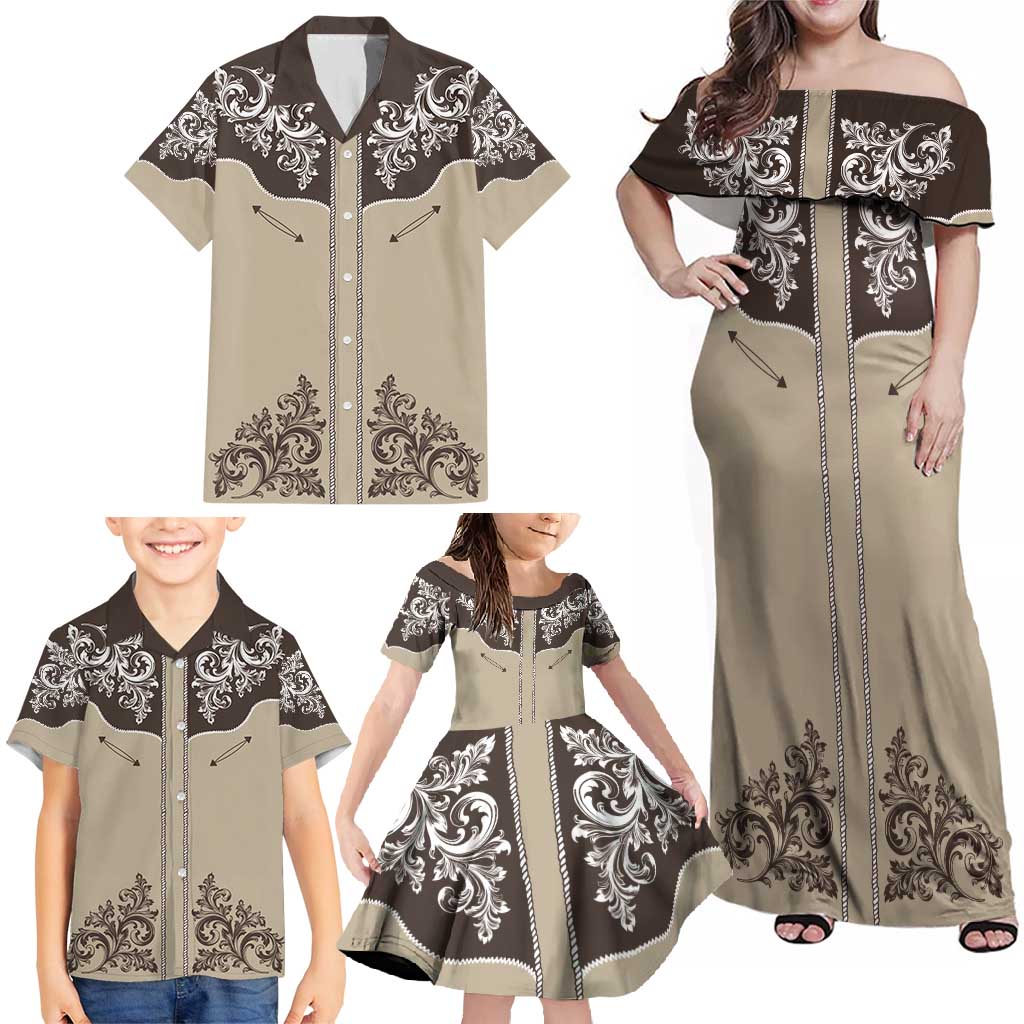 Vintage Western Cowboy Family Matching Off Shoulder Maxi Dress and Hawaiian Shirt Brown Version - Wonder Print Shop