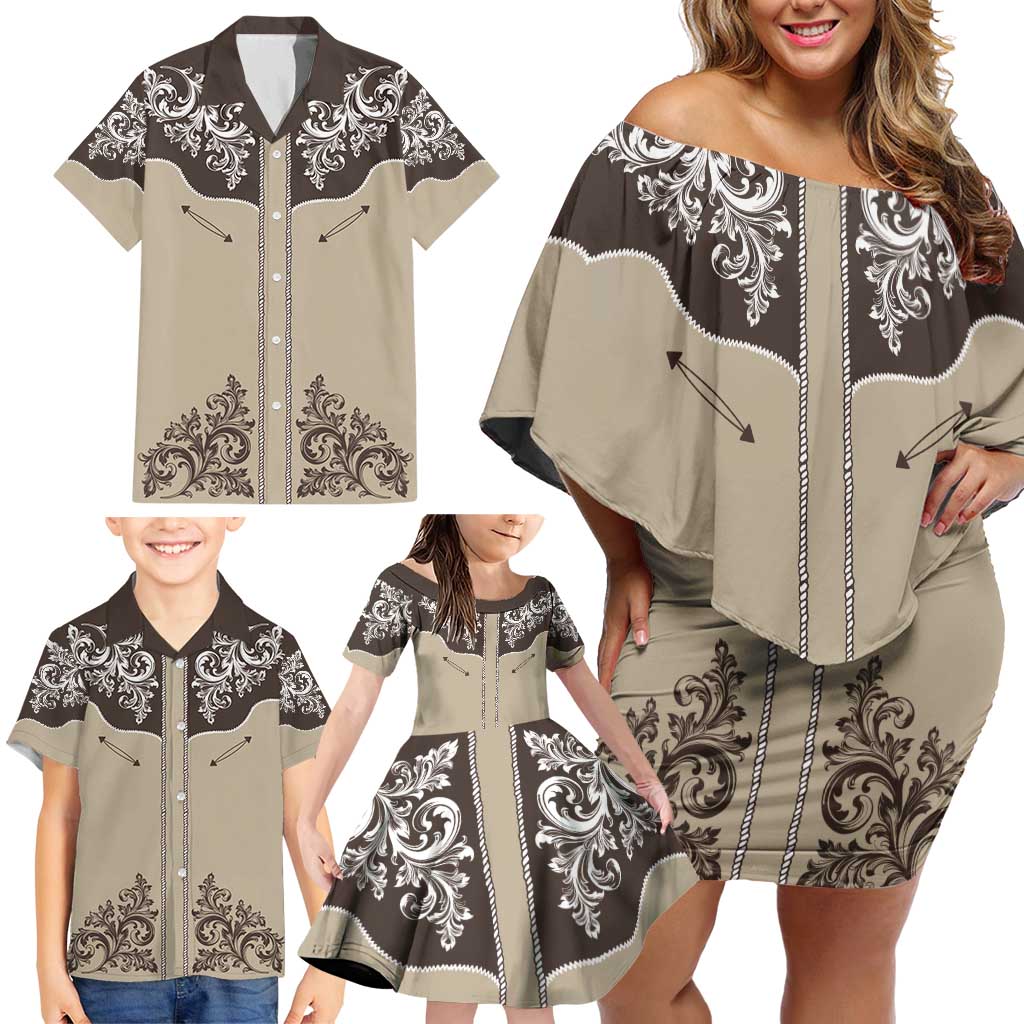 Vintage Western Cowboy Family Matching Off Shoulder Short Dress and Hawaiian Shirt Brown Version - Wonder Print Shop