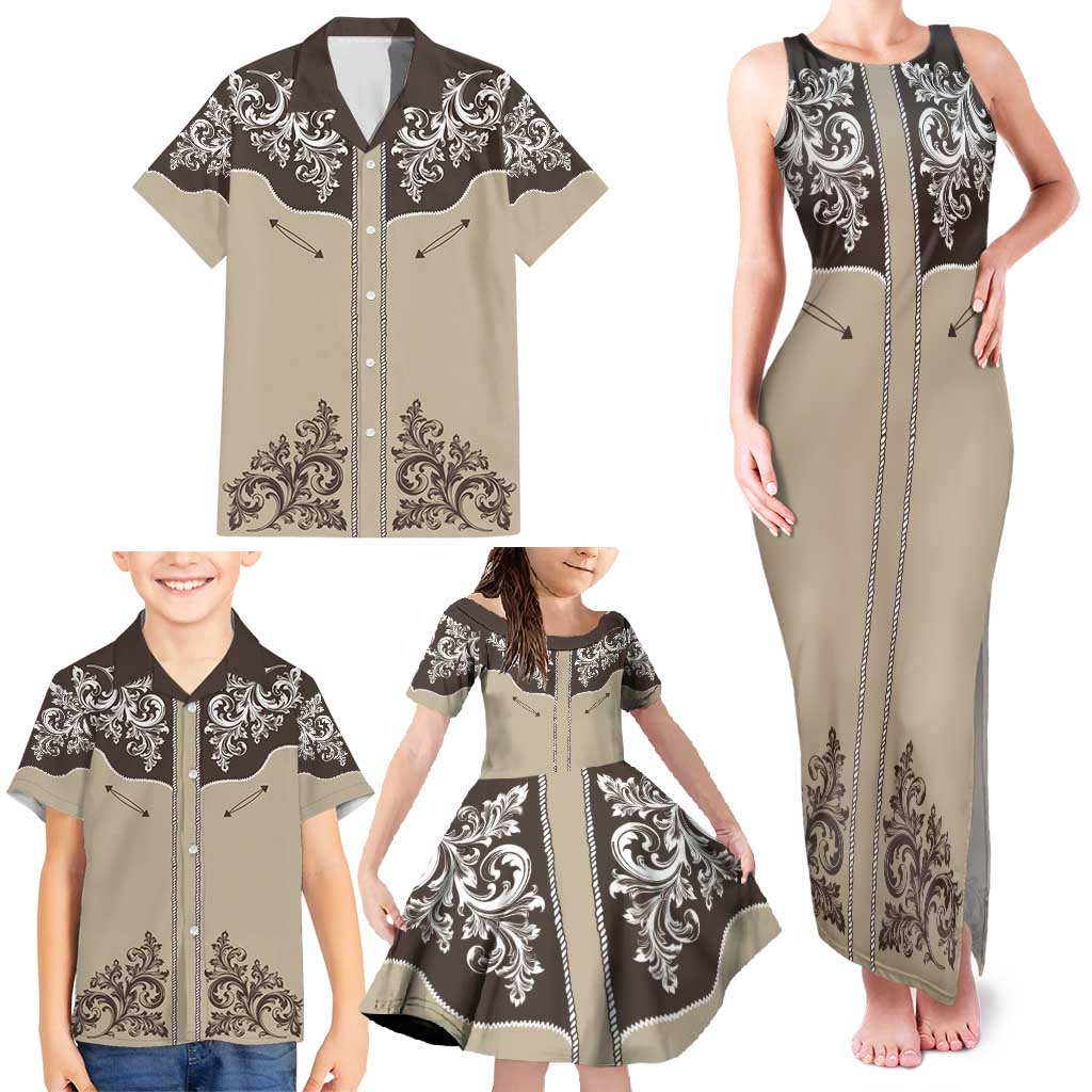 Vintage Western Cowboy Family Matching Tank Maxi Dress and Hawaiian Shirt Brown Version - Wonder Print Shop