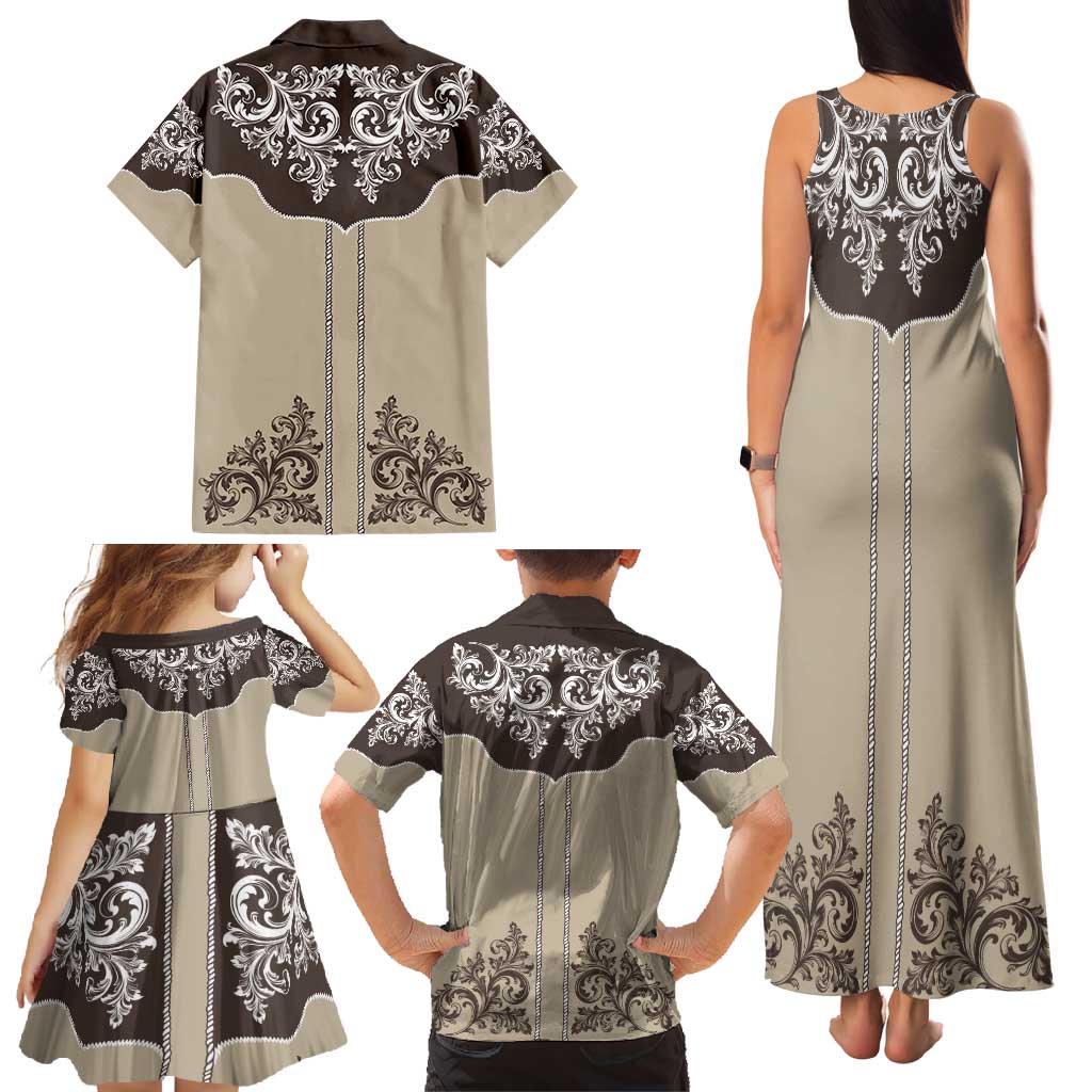 Vintage Western Cowboy Family Matching Tank Maxi Dress and Hawaiian Shirt Brown Version - Wonder Print Shop