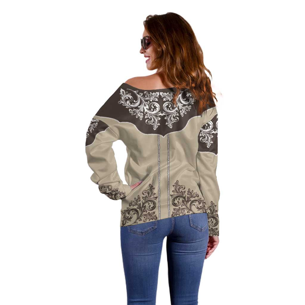 Vintage Western Cowboy Off Shoulder Sweater Brown Version - Wonder Print Shop