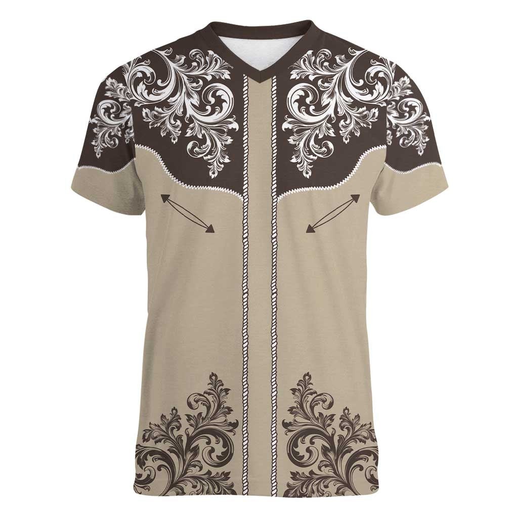 Vintage Western Cowboy Women V-Neck T-Shirt Brown Version - Wonder Print Shop