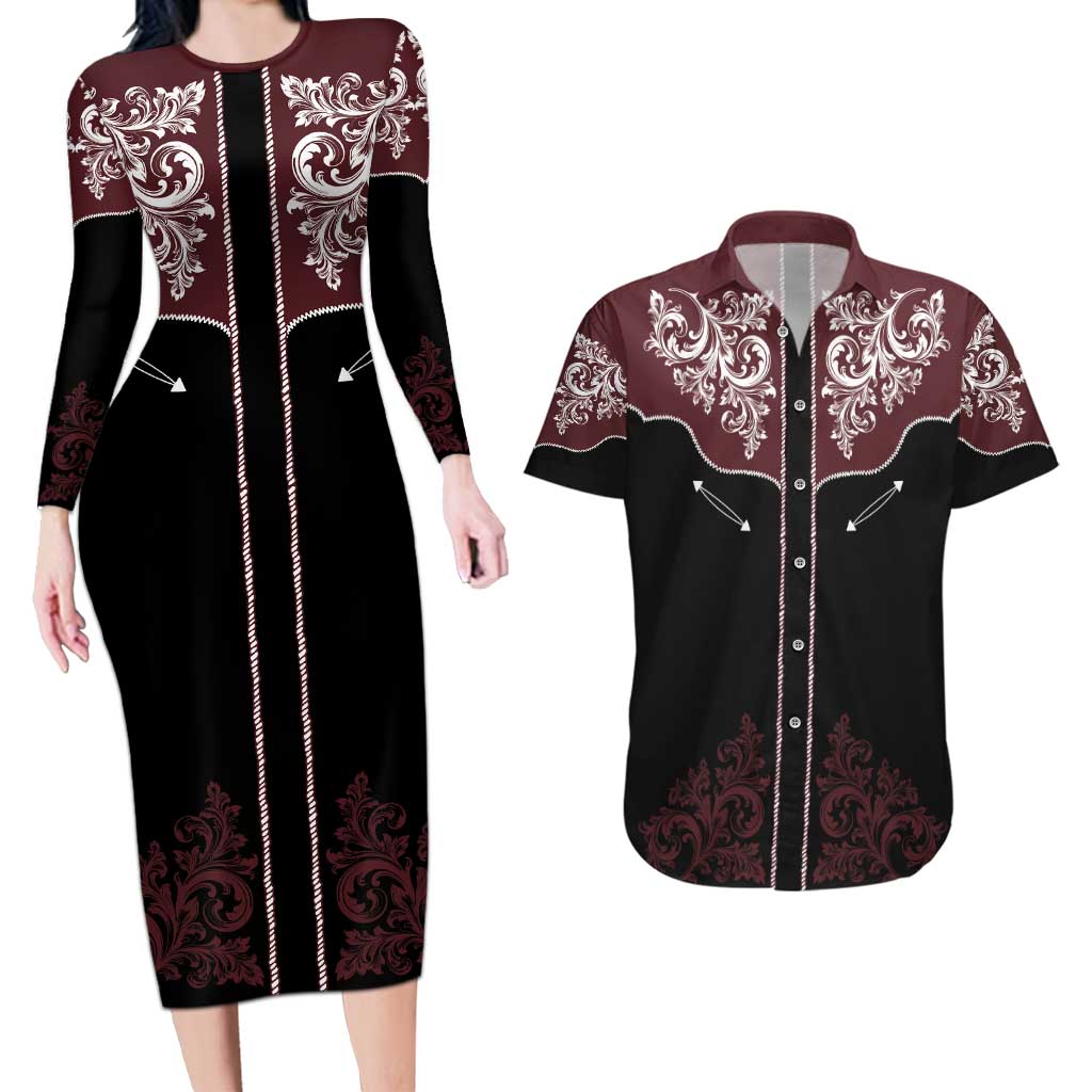 Vintage Western Cowboy Couples Matching Long Sleeve Bodycon Dress and Hawaiian Shirt Black Version - Wonder Print Shop