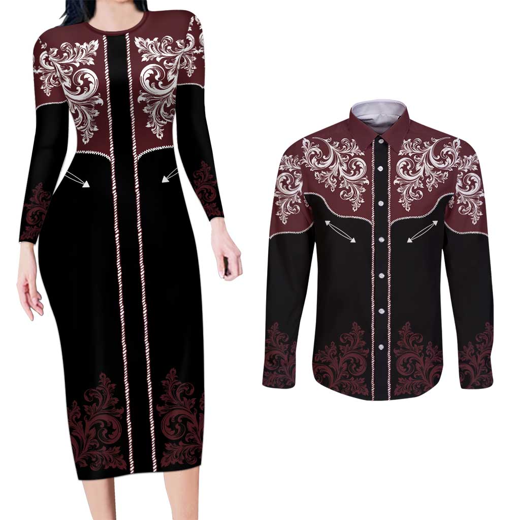 Vintage Western Cowboy Couples Matching Long Sleeve Bodycon Dress and Long Sleeve Button Shirt Black Version - Wonder Print Shop