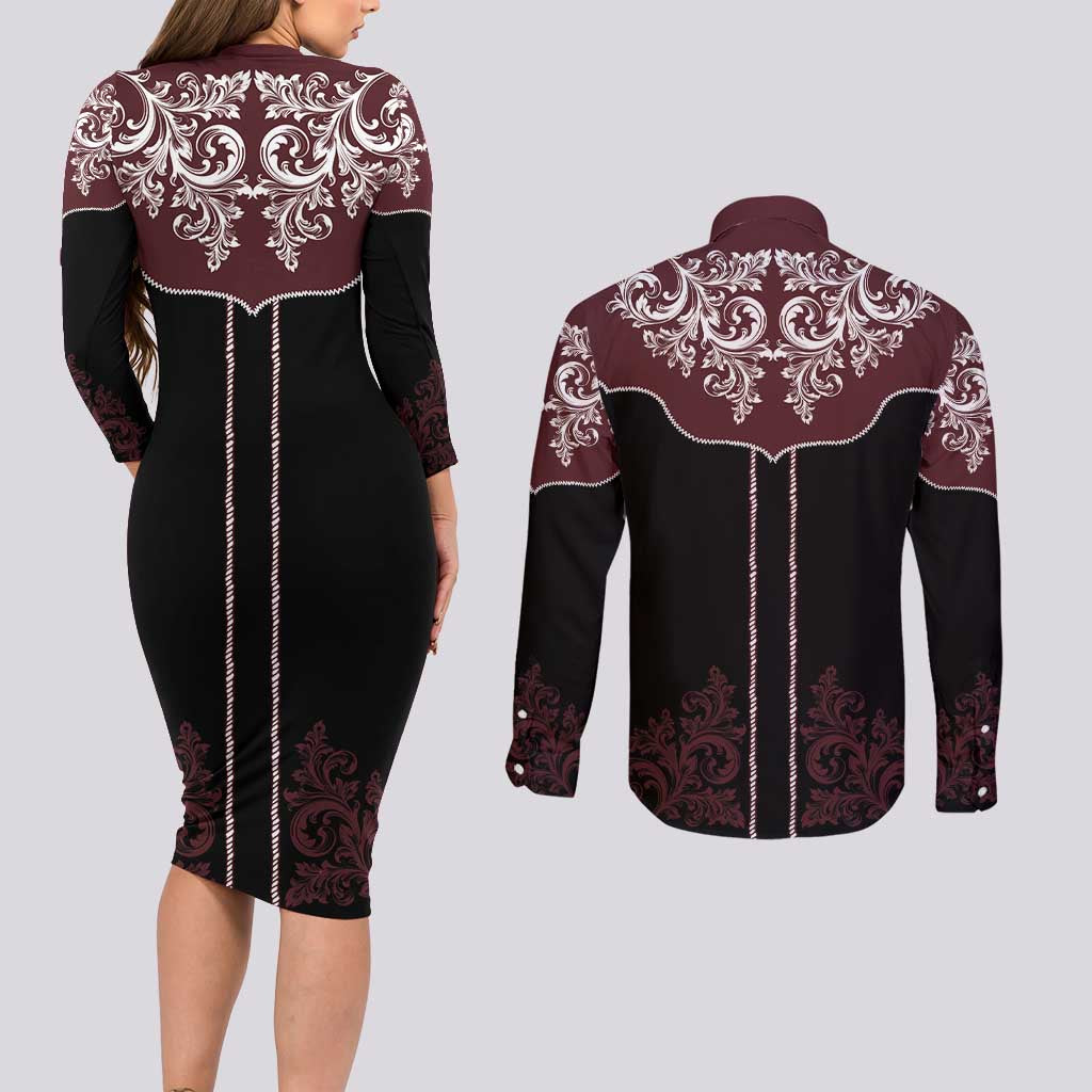 Vintage Western Cowboy Couples Matching Long Sleeve Bodycon Dress and Long Sleeve Button Shirt Black Version - Wonder Print Shop