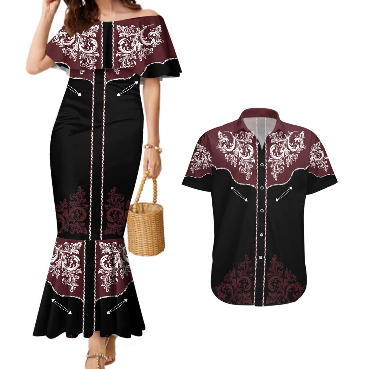 Vintage Western Cowboy Couples Matching Mermaid Dress and Hawaiian Shirt Black Version - Wonder Print Shop