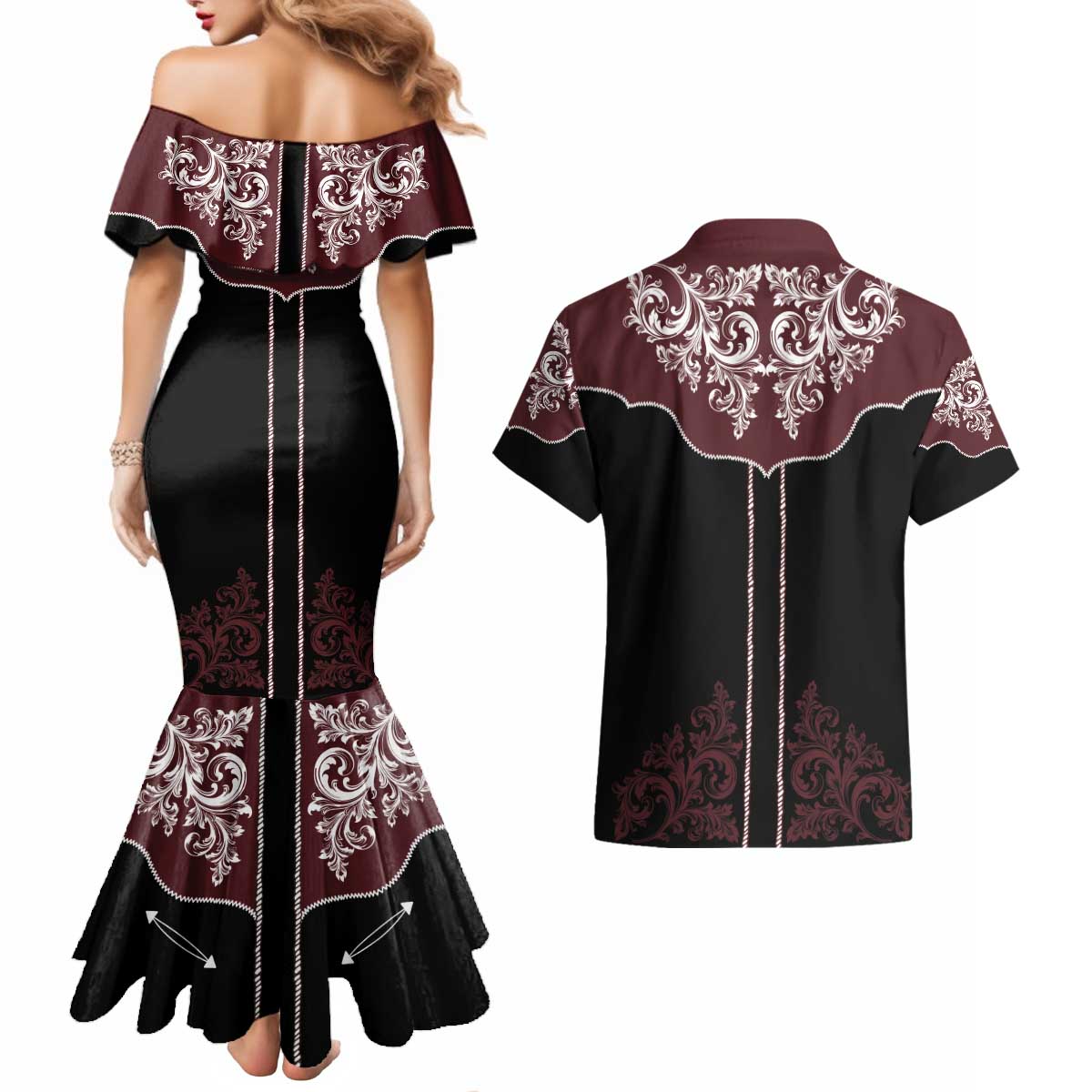 Vintage Western Cowboy Couples Matching Mermaid Dress and Hawaiian Shirt Black Version - Wonder Print Shop