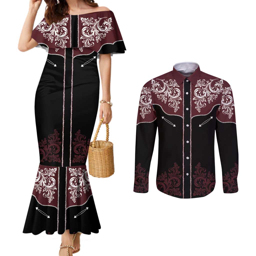 Vintage Western Cowboy Couples Matching Mermaid Dress and Long Sleeve Button Shirt Black Version - Wonder Print Shop