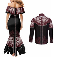 Vintage Western Cowboy Couples Matching Mermaid Dress and Long Sleeve Button Shirt Black Version - Wonder Print Shop