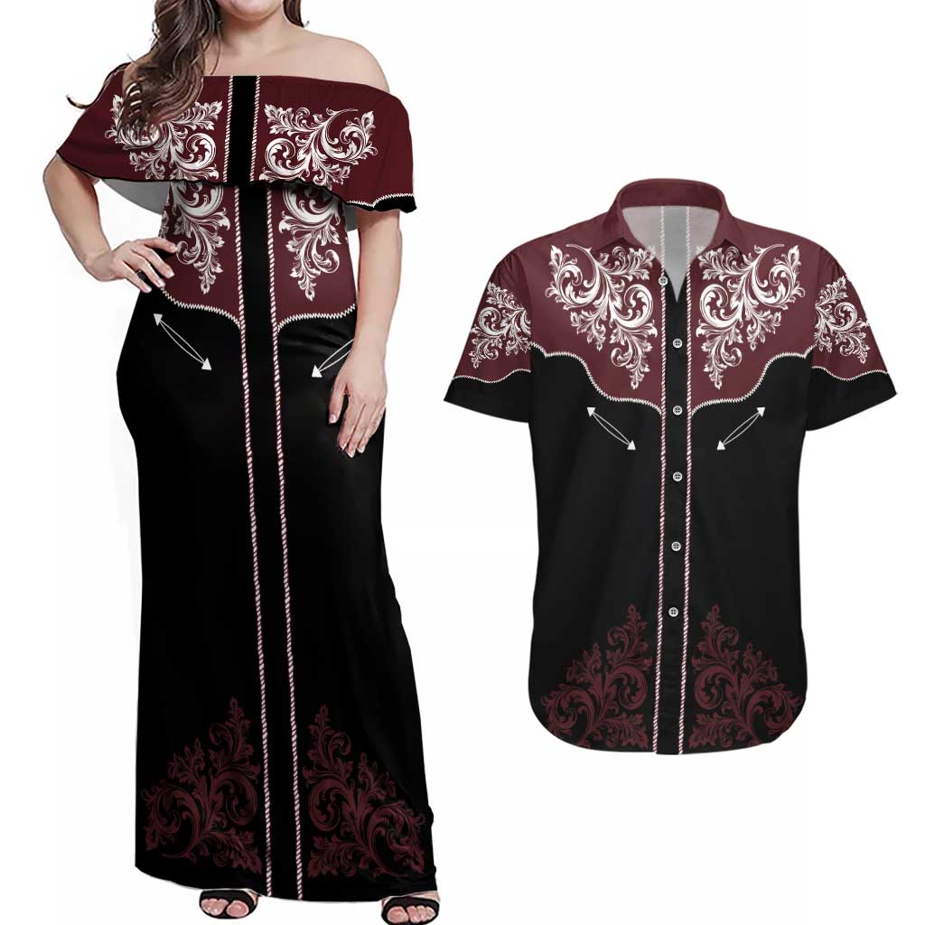 Vintage Western Cowboy Couples Matching Off Shoulder Maxi Dress and Hawaiian Shirt Black Version - Wonder Print Shop