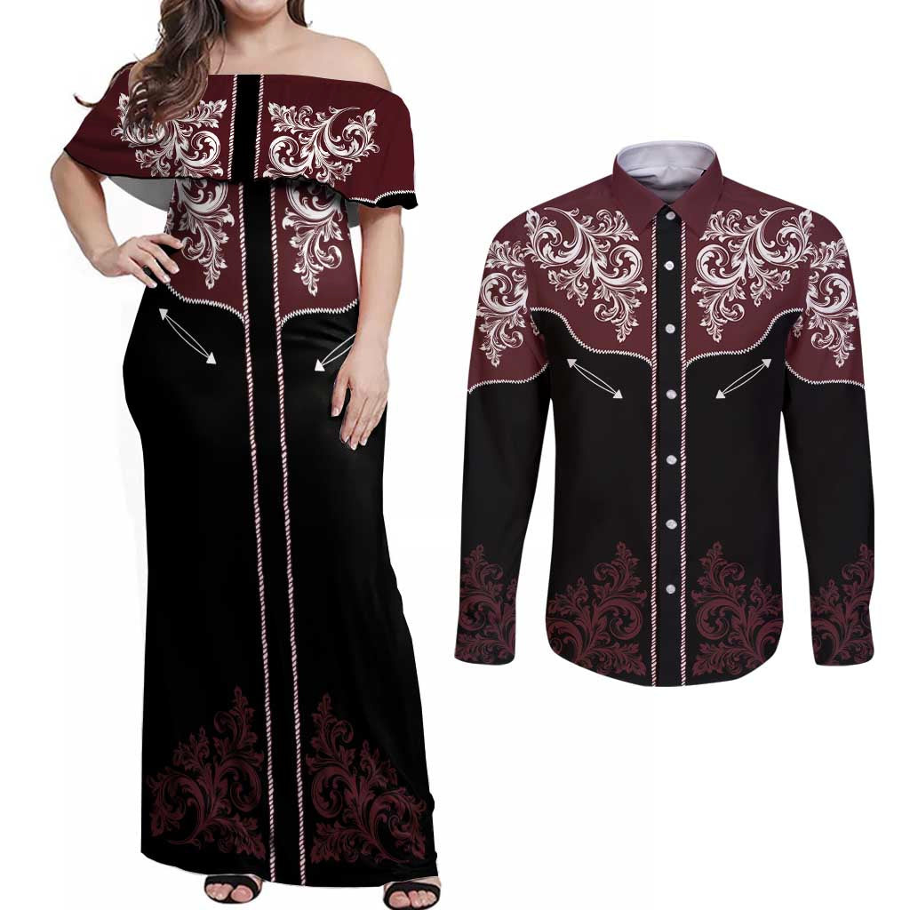 Vintage Western Cowboy Couples Matching Off Shoulder Maxi Dress and Long Sleeve Button Shirt Black Version - Wonder Print Shop