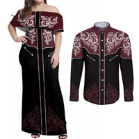 Vintage Western Cowboy Couples Matching Off Shoulder Maxi Dress and Long Sleeve Button Shirt Black Version - Wonder Print Shop