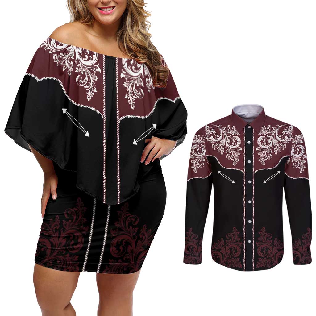 Vintage Western Cowboy Couples Matching Off Shoulder Short Dress and Long Sleeve Button Shirt Black Version - Wonder Print Shop